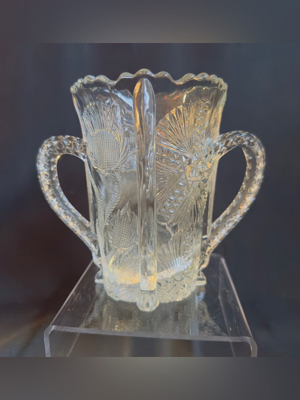 Vtg Higbee Paneled Glass Scottish Thistle Celery Vase Spooner w Handles EAPG